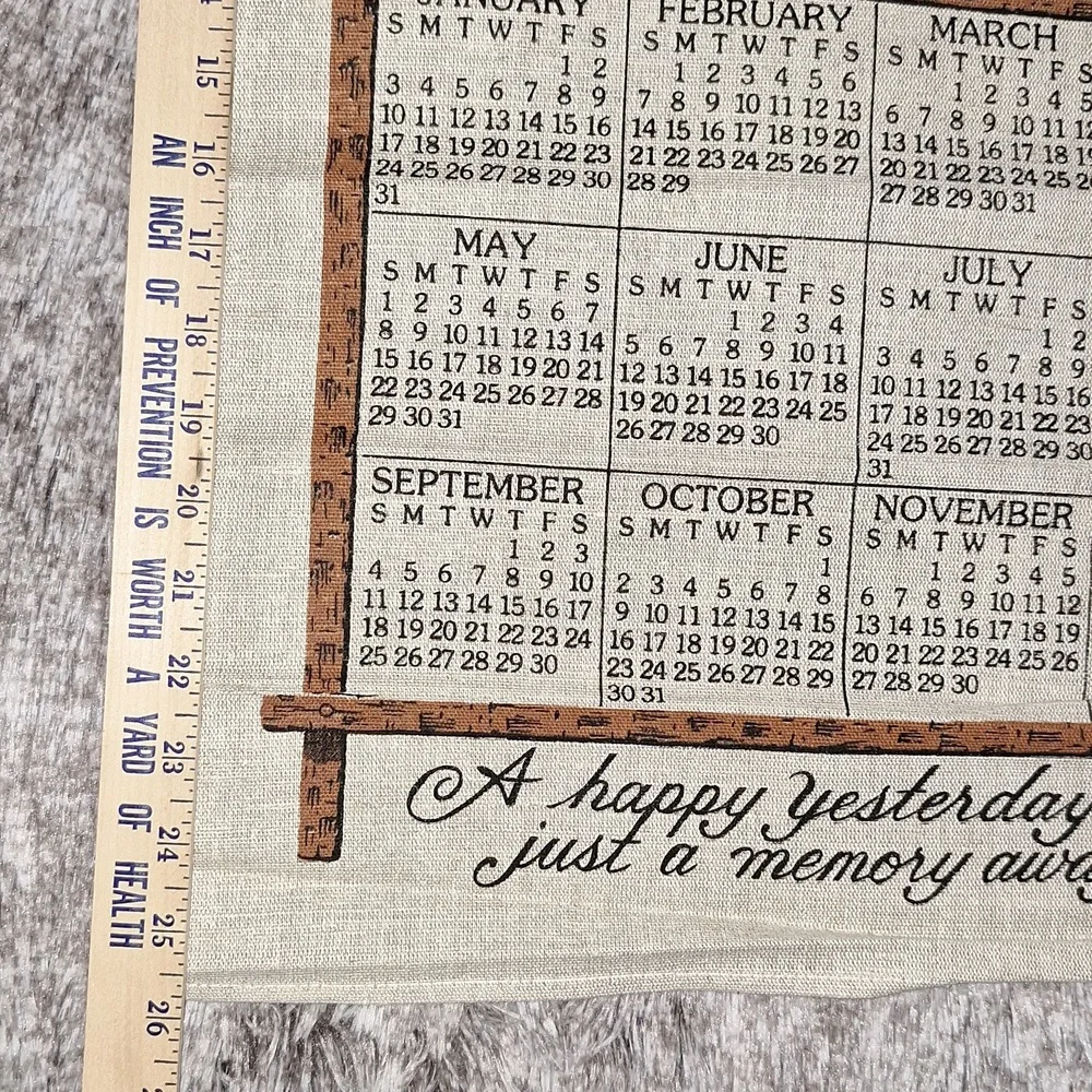 🪑 1988 fabric dish cloth towel wall hanging calendar w/original envelope, dowel